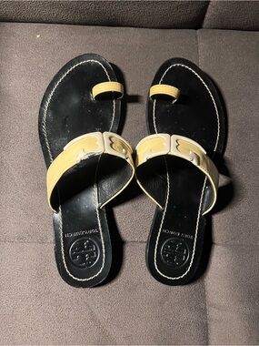 Tory Burch Black Leather Slides with Yellow Accents 8M